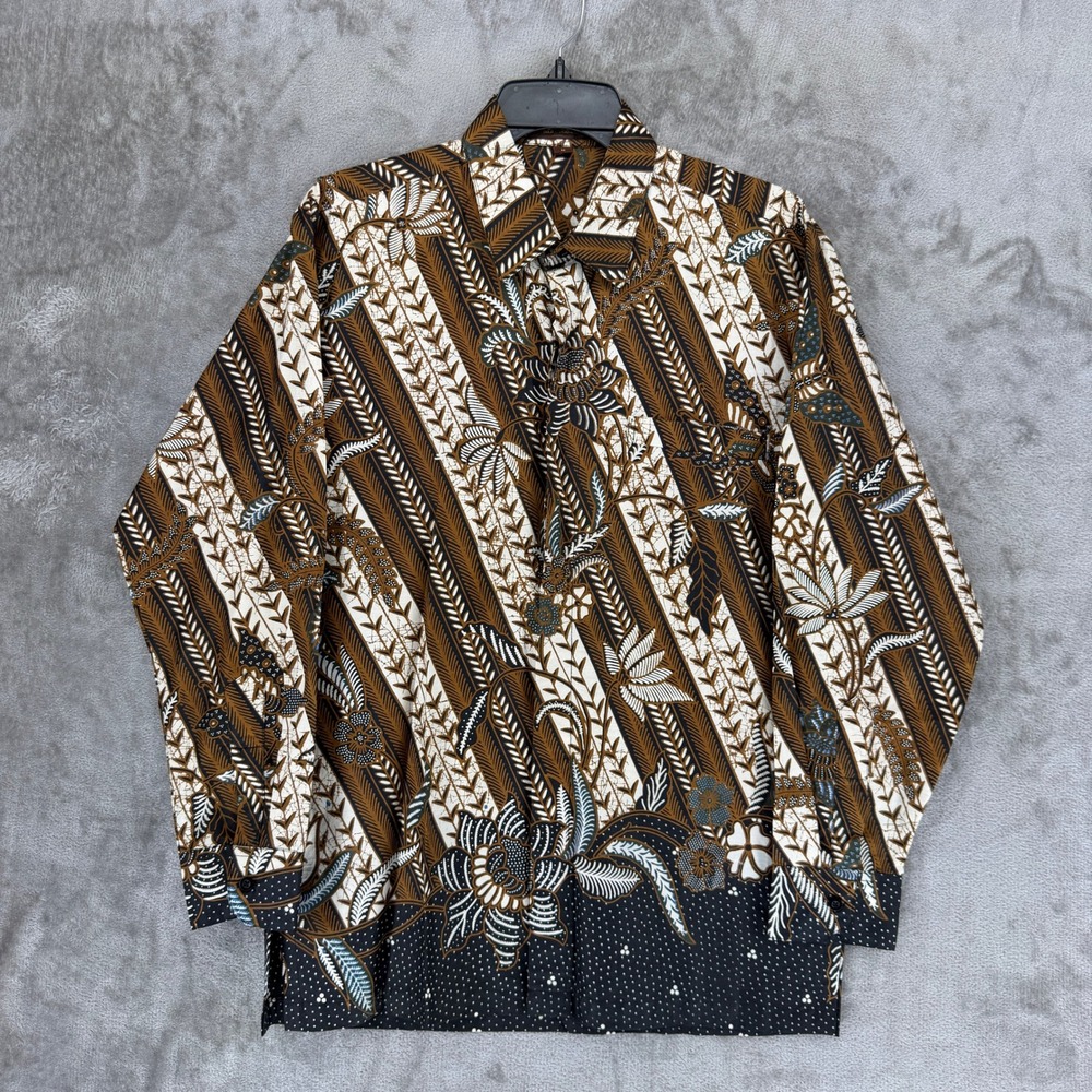 Danar Hadi Solo Indonesia Mens Batik Long Sleeve Shirt Brown Floral Parang M